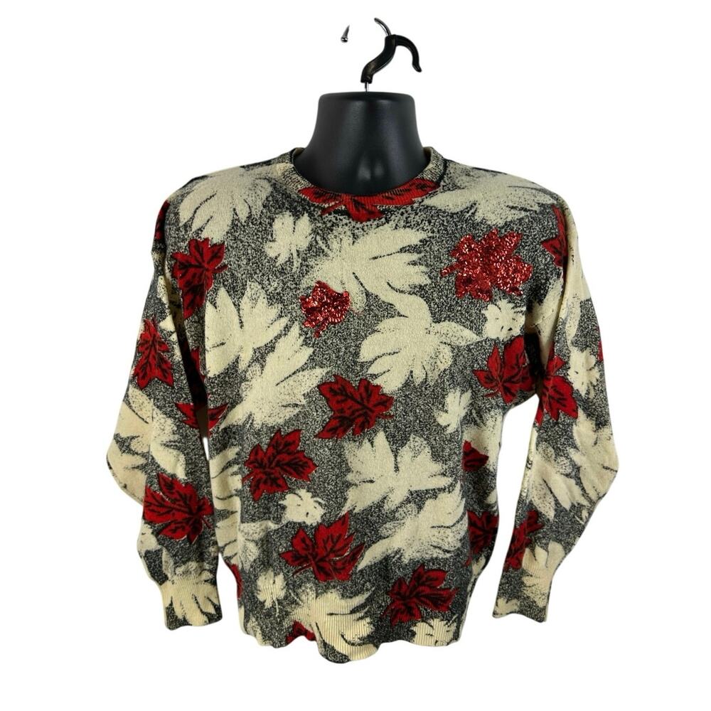 Vintage Lambswool Sweater Red Leaves Nature Forest Graphic by Duet Large Womens
